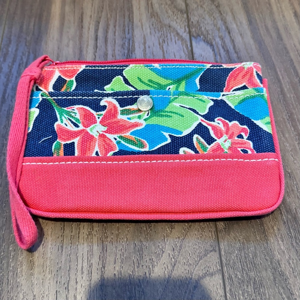 Land End Coral and Floral Canvas Wristlet Clutch